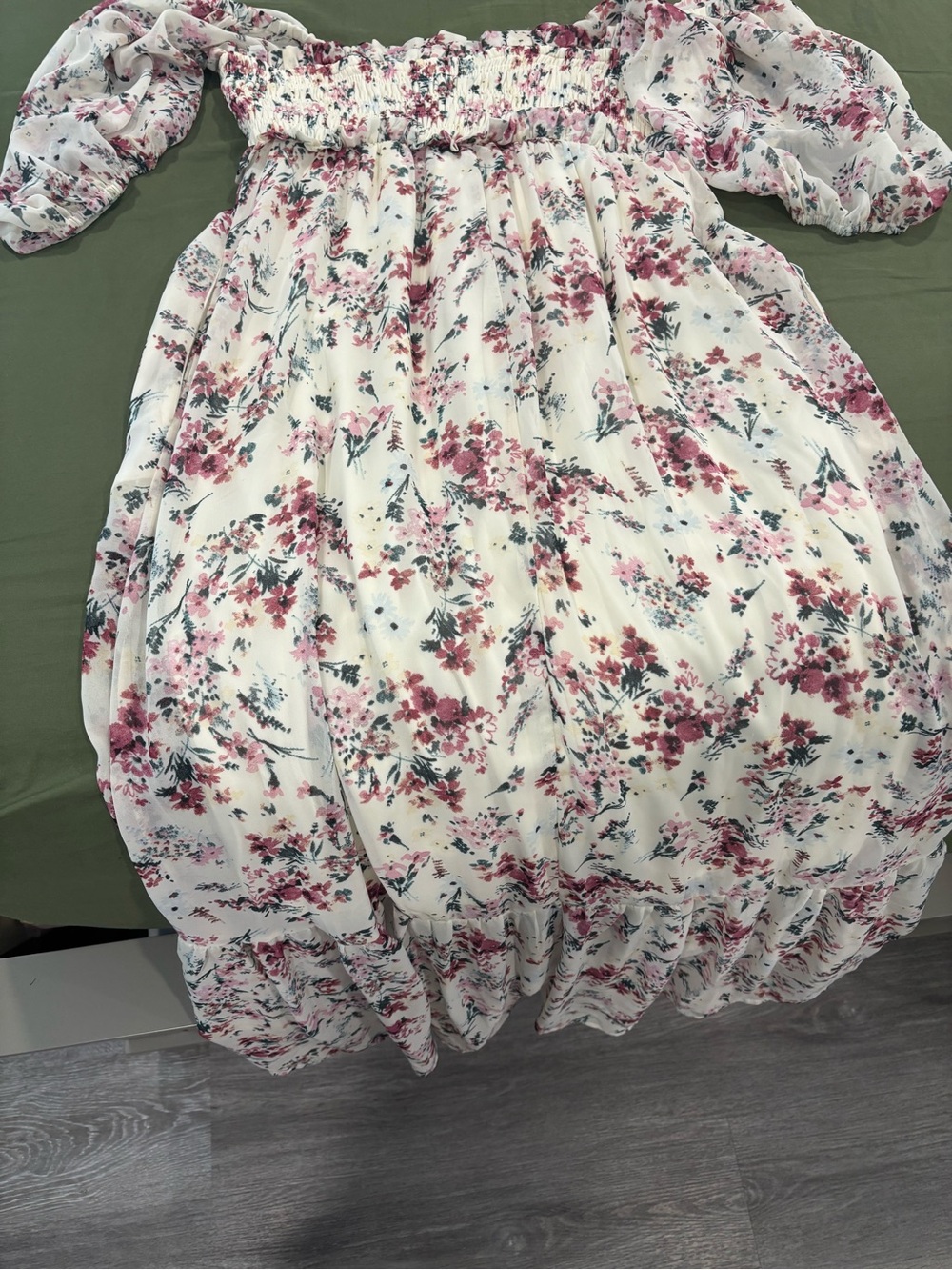 Floral Off-Shoulder Kids Dress - White with Pink Flower Print